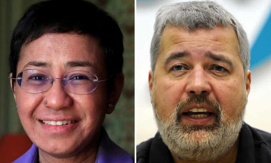 Maria Ressa (left), journalist and CEO of the Rapler news website, and Dmitry Muratov, editor-in-chief of Russia's main opposition newspaper Novaya Gazeta. Composite: Reuters; AFP